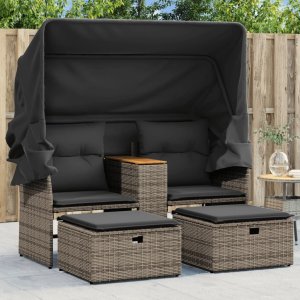 vidaXL VidaXL Patio Sofa 2-Seater with Canopy and Stools Gray Poly Rattan 1