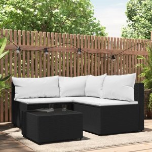 vidaXL VidaXL 4 Piece Patio Lounge Set with Cushions Black Poly Rattan 1