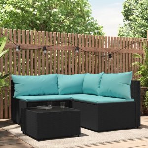 vidaXL VidaXL 4 Piece Patio Lounge Set with Cushions Black Poly Rattan 1