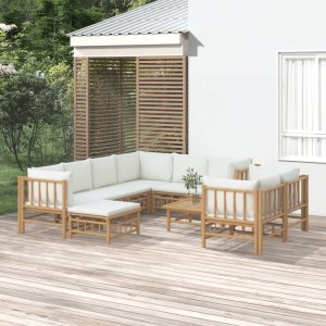 vidaXL VidaXL 10 Piece Patio Lounge Set with Cream White Cushions Bamboo 1