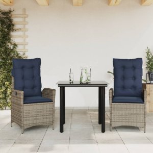 vidaXL VidaXL 3 Piece Patio Dining Set with Cushions Gray Poly Rattan 1