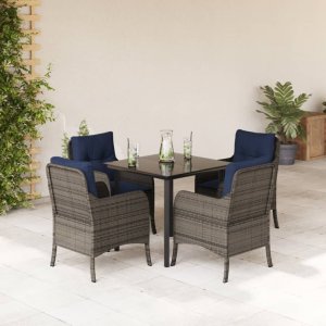 vidaXL VidaXL 5 Piece Patio Dining Set with Cushions Gray Poly Rattan 1