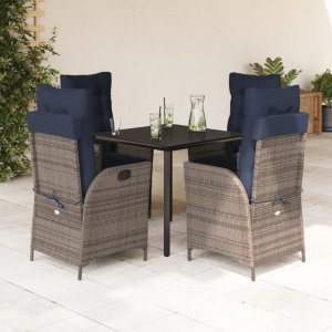 vidaXL VidaXL 5 Piece Patio Dining Set with Cushions Gray Poly Rattan 1