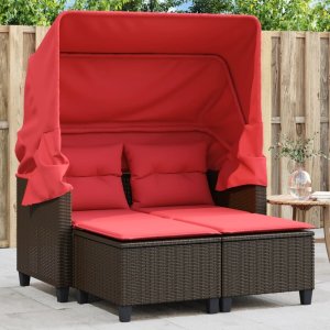 vidaXL VidaXL Patio Sofa 2-Seater with Canopy and Stools Brown Poly Rattan 1