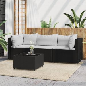 vidaXL VidaXL 4 Piece Patio Lounge Set with Cushions Black Poly Rattan 1