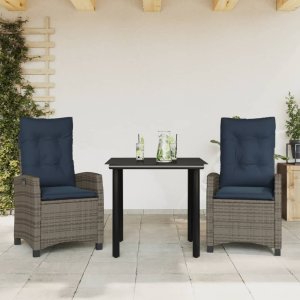 vidaXL VidaXL 3 Piece Patio Dining Set with Cushions Gray Poly Rattan 1