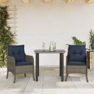 vidaXL VidaXL 3 Piece Patio Dining Set with Cushions Gray Poly Rattan 1