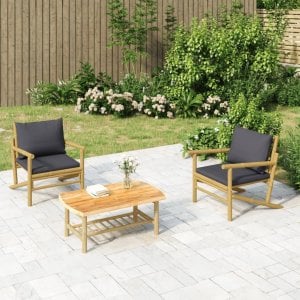 vidaXL VidaXL 3 Piece Patio Lounge Set with Dark Gray Cushions Bamboo 1