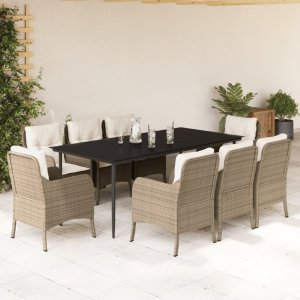 vidaXL VidaXL 9 Piece Patio Dining Set with Cushions Beige Poly Rattan 1