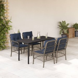 vidaXL VidaXL 5 Piece Patio Dining Set with Cushions Gray Poly Rattan 1