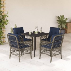 vidaXL VidaXL 5 Piece Patio Dining Set with Cushions Gray Poly Rattan 1