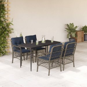 vidaXL VidaXL 5 Piece Patio Dining Set with Cushions Gray Poly Rattan 1