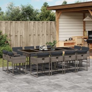 vidaXL VidaXL 13 Piece Patio Dining Set with Cushions Gray Poly Rattan 1