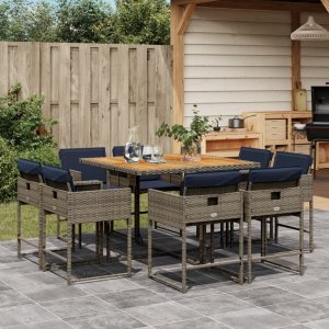 vidaXL VidaXL 9 Piece Patio Dining Set with Cushions Gray Poly Rattan 1