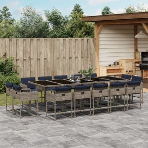 vidaXL VidaXL 15 Piece Patio Dining Set with Cushions Gray Poly Rattan 1