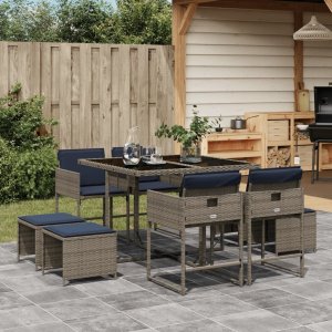 vidaXL VidaXL 9 Piece Patio Dining Set with Cushions Gray Poly Rattan 1