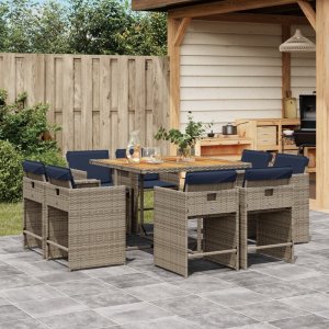 vidaXL VidaXL 9 Piece Patio Dining Set with Cushions Gray Poly Rattan 1