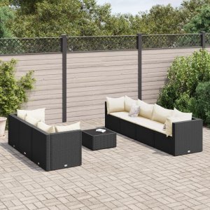 vidaXL VidaXL 8 Piece Patio Lounge Set with Cushions Black Poly Rattan 1