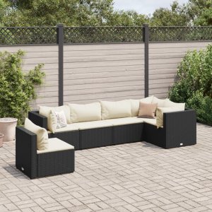 vidaXL VidaXL 6 Piece Patio Lounge Set with Cushions Black Poly Rattan 1