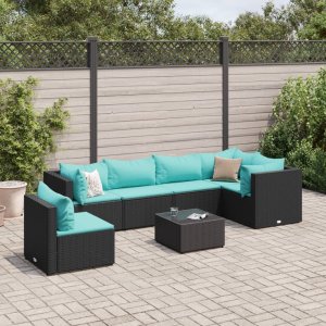 vidaXL VidaXL 7 Piece Patio Lounge Set with Cushions Black Poly Rattan 1