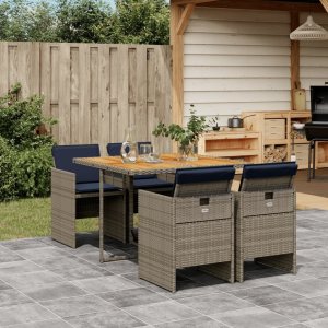 vidaXL VidaXL 5 Piece Patio Dining Set with Cushions Gray Poly Rattan 1