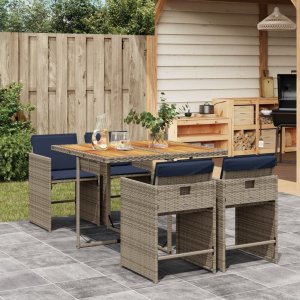 vidaXL VidaXL 5 Piece Patio Dining Set with Cushions Gray Poly Rattan 1