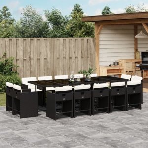 vidaXL VidaXL 15 Piece Patio Dining Set with Cushions Black Poly Rattan 1