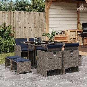 vidaXL VidaXL 9 Piece Patio Dining Set with Cushions Gray Poly Rattan 1