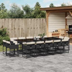 vidaXL VidaXL 15 Piece Patio Dining Set with Cushions Black Poly Rattan 1