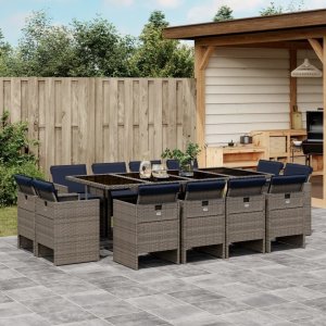 vidaXL VidaXL 13 Piece Patio Dining Set with Cushions Gray Poly Rattan 1