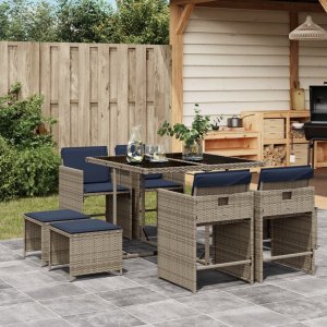 vidaXL VidaXL 9 Piece Patio Dining Set with Cushions Gray Poly Rattan 1