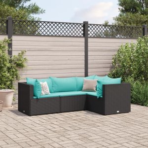 vidaXL VidaXL 4 Piece Patio Lounge Set with Cushions Black Poly Rattan 1