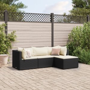 vidaXL VidaXL 4 Piece Patio Lounge Set with Cushions Black Poly Rattan 1