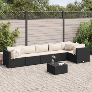 vidaXL VidaXL 7 Piece Patio Lounge Set with Cushions Black Poly Rattan 1