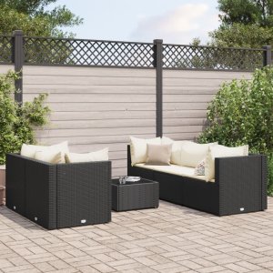 vidaXL VidaXL 6 Piece Patio Lounge Set with Cushions Black Poly Rattan 1