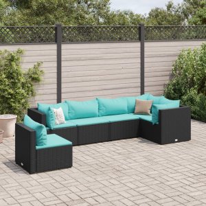 vidaXL VidaXL 6 Piece Patio Lounge Set with Cushions Black Poly Rattan 1