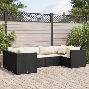 vidaXL VidaXL 6 Piece Patio Lounge Set with Cushions Black Poly Rattan 1