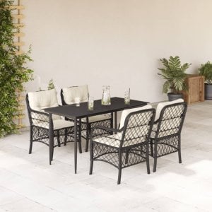 vidaXL VidaXL 5 Piece Patio Dining Set with Cushions Black Poly Rattan 1