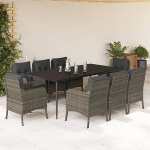 vidaXL VidaXL 9 Piece Patio Dining Set with Cushions Gray Poly Rattan 1