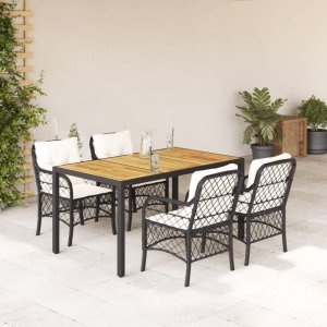 vidaXL VidaXL 5 Piece Patio Dining Set with Cushions Black Poly Rattan 1