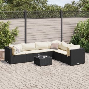 vidaXL VidaXL 7 Piece Patio Lounge Set with Cushions Black Poly Rattan 1