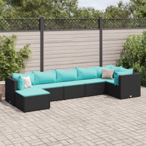 vidaXL VidaXL 7 Piece Patio Lounge Set with Cushions Black Poly Rattan 1