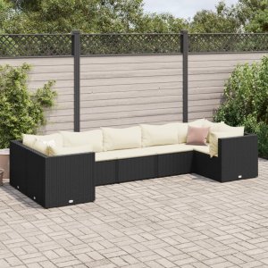 vidaXL VidaXL 7 Piece Patio Lounge Set with Cushions Black Poly Rattan 1