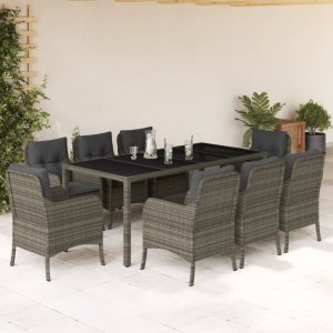 vidaXL VidaXL 9 Piece Patio Dining Set with Cushions Gray Poly Rattan 1