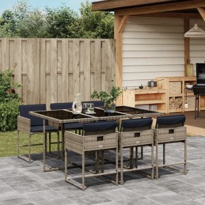 vidaXL VidaXL 7 Piece Patio Dining Set with Cushions Gray Poly Rattan 1