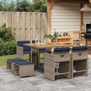 vidaXL VidaXL 9 Piece Patio Dining Set with Cushions Gray Poly Rattan 1