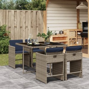 vidaXL VidaXL 5 Piece Patio Dining Set with Cushions Gray Poly Rattan 1