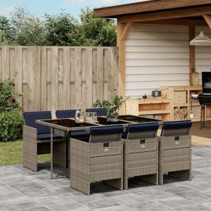 vidaXL VidaXL 7 Piece Patio Dining Set with Cushions Gray Poly Rattan 1