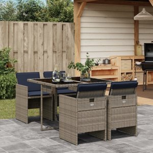 vidaXL VidaXL 5 Piece Patio Dining Set with Cushions Gray Poly Rattan 1