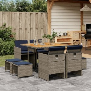 vidaXL VidaXL 9 Piece Patio Dining Set with Cushions Gray Poly Rattan 1